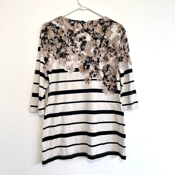 COLDWATER CREEK White Black Striped Brown Floral Mixed Print 3/4 Sleeve Tee Top - Picture 9 of 13